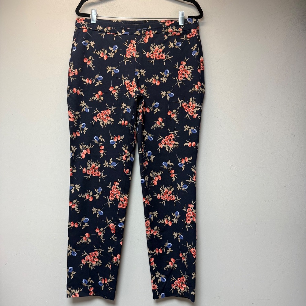 J. Jill Precision Stretch Pants Womens 12 Navy Blue Floral Slim Side Zip 9423